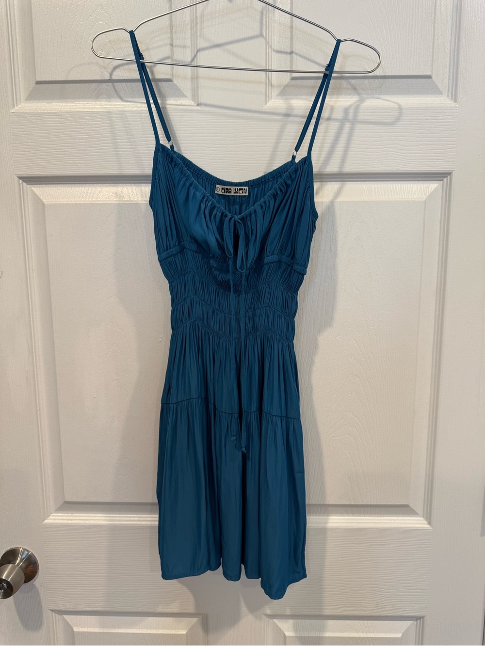 Ciao Lucia Teal Blue Tiered Sundress with Tie Neck
